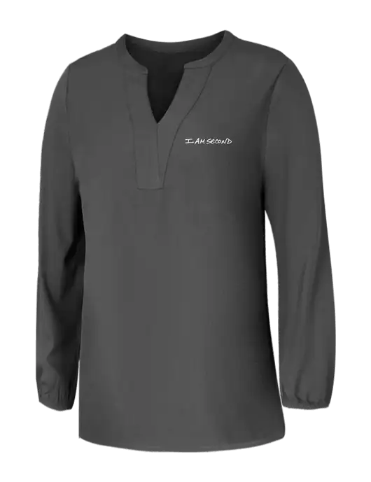 Mercer+Mettle Womens Dark Grey Stretch Crepe 3/4 Sleeve Blouse w/I Am Second Logo