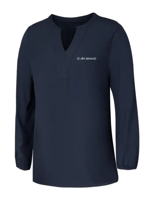 Mercer+Mettle Womens Navy Stretch Crepe 3/4 Sleeve Blouse w/I Am Second Logo