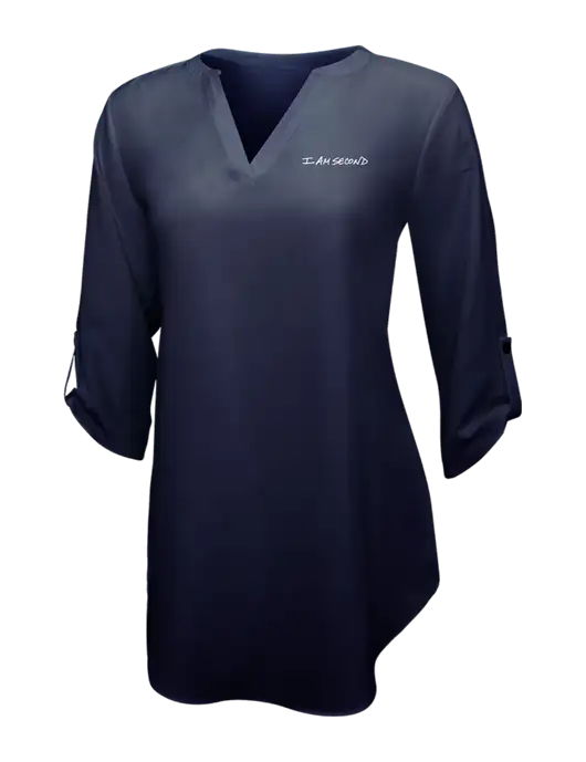 Navy Womens 3/4 Sleeve Tunic Blouse w/I Am Second Logo
