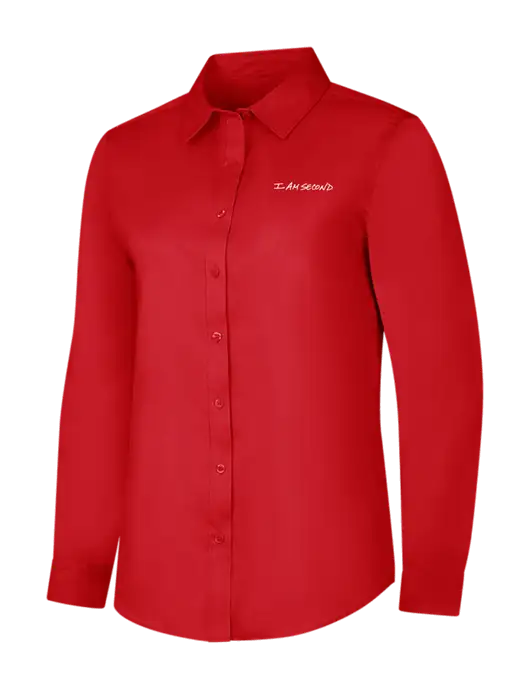 Red Womens Long Sleeve Superpro React Twill Shirt w/I Am Second Logo