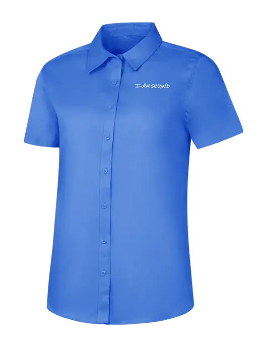 Womens Dark Carolina Blue Short Sleeve Superpro React Twill Shirt w/I Am Second Logo