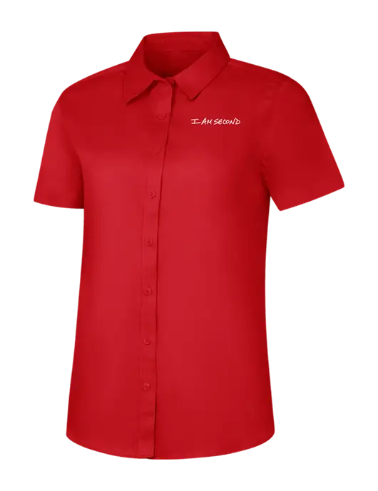 Womens Red Short Sleeve Superpro React Twill Shirt w/I Am Second Logo