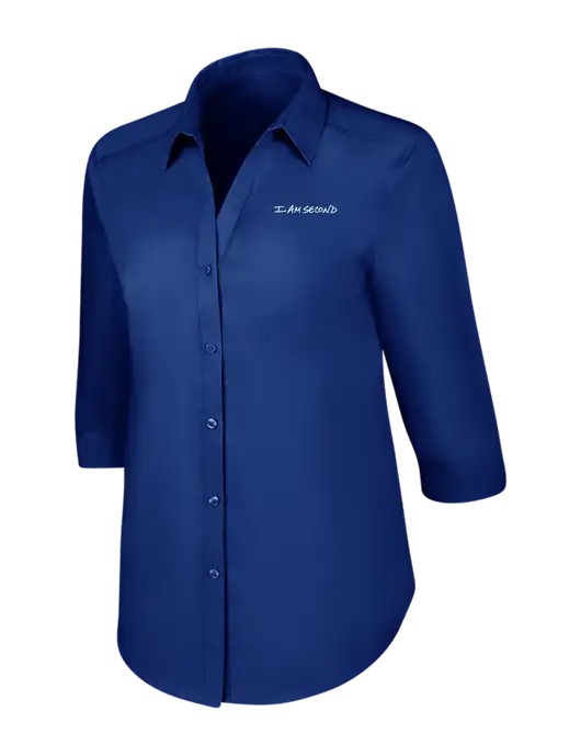 Womens Royal 3/4 Sleeve Carefree Poplin Shirt w/I Am Second Logo