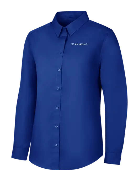 Womens Royal Long Sleeve Carefree Poplin Shirt w/I Am Second Logo