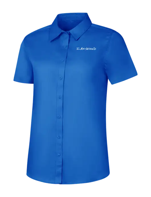 Womens Short Sleeve Royal Blue Superpro React Twill Shirt w/I Am Second Logo