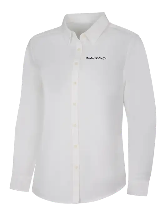 Womens White Long Sleeve Superpro React Twill Shirt w/I Am Second Logo