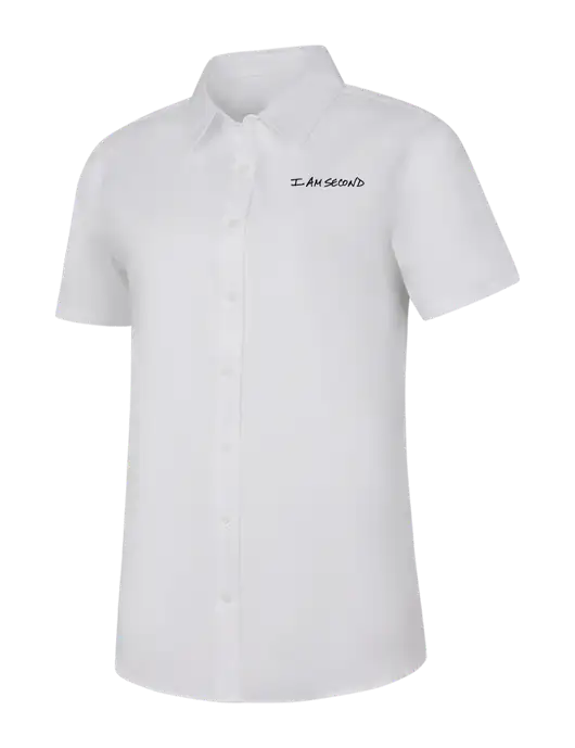 Womens White Short Sleeve Superpro React Twill Shirt w/I Am Second Logo