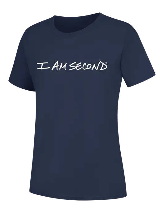 Womens Navy Core Blend Tee w/I Am Second Logo