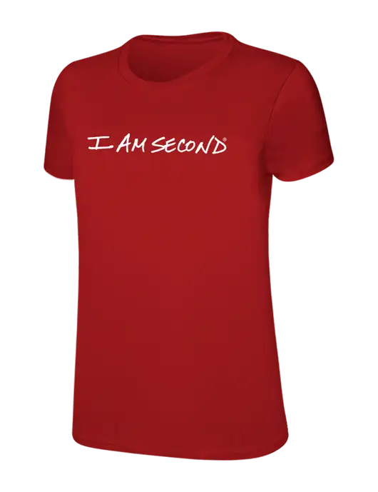 Womens Ring Spun Bright Red 4.5 oz T-Shirt w/I Am Second Logo