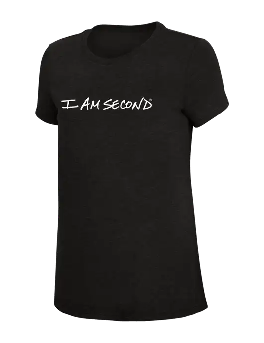 Womens Simply Soft Black 4.5oz Poly/Combed Ring Spun Cotton T-Shirt w/I Am Second Logo