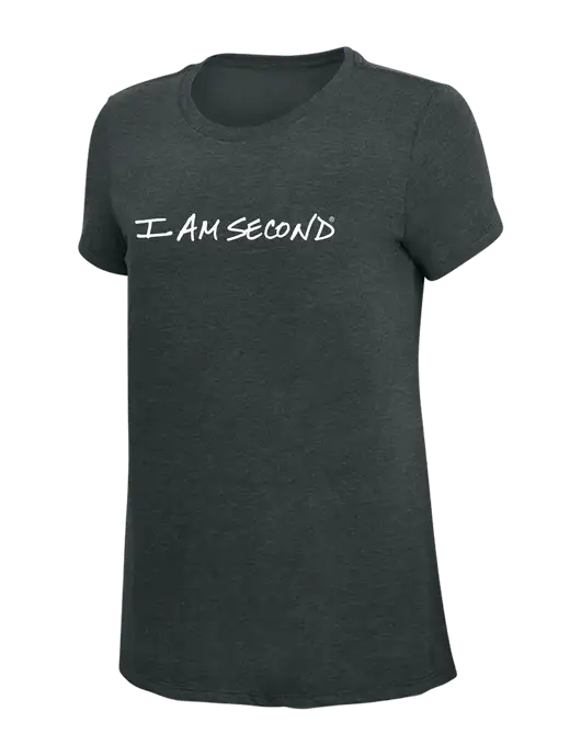Womens Simply Soft Black Frost 4.5oz Poly/Combed Ring Spun Cotton T-Shirt w/I Am Second Logo