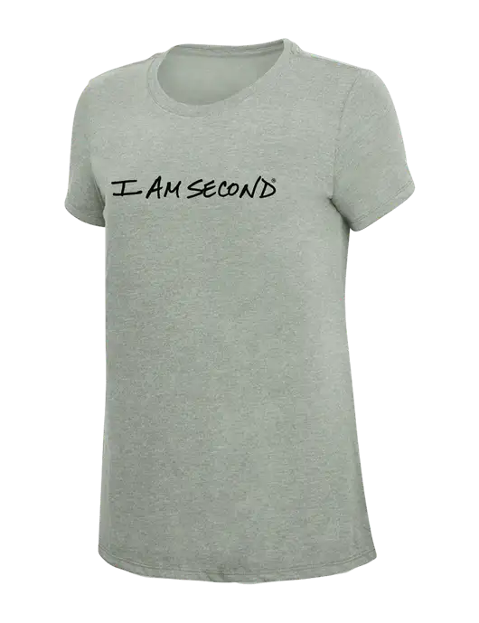 Womens Simply Soft Heathered Light Grey 4.5oz Poly/Combed Ring Spun Cotton T-Shirt w/I Am Second Logo