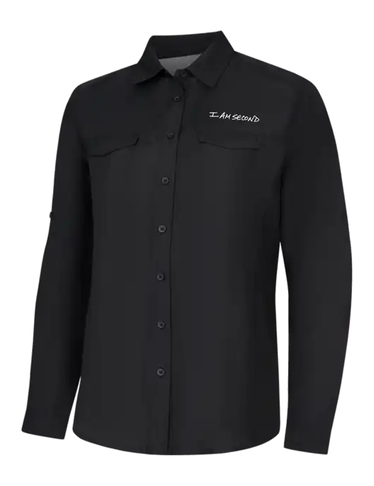 Womens Black Long Sleeve UV Daybreak Shirt w/I Am Second Logo