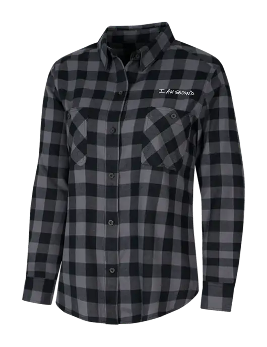 Womens Medium Grey/Black Buffalo Check Plaid Flannel Shirt w/I Am Second Logo