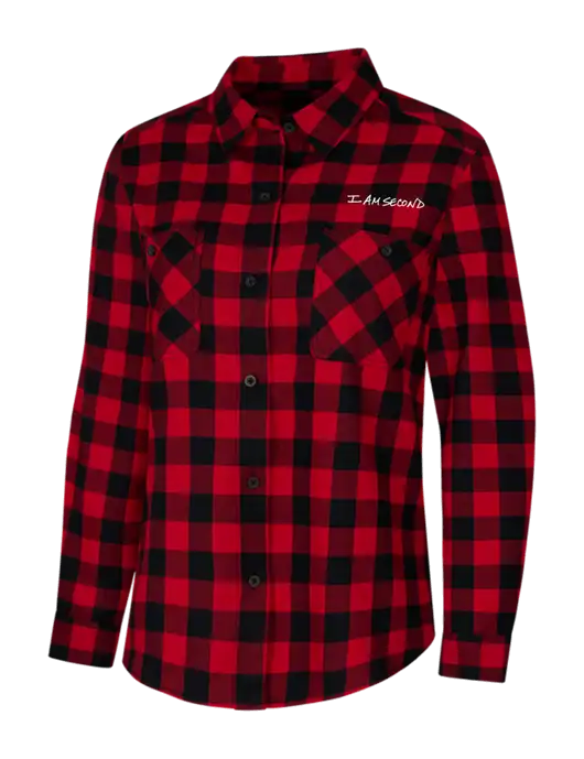 Womens Red/Black Buffalo Check Plaid Flannel Shirt w/I Am Second Logo