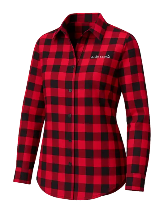 Womens Red/Black Buffalo Check Plaid Flannel Tunic w/I Am Second Logo