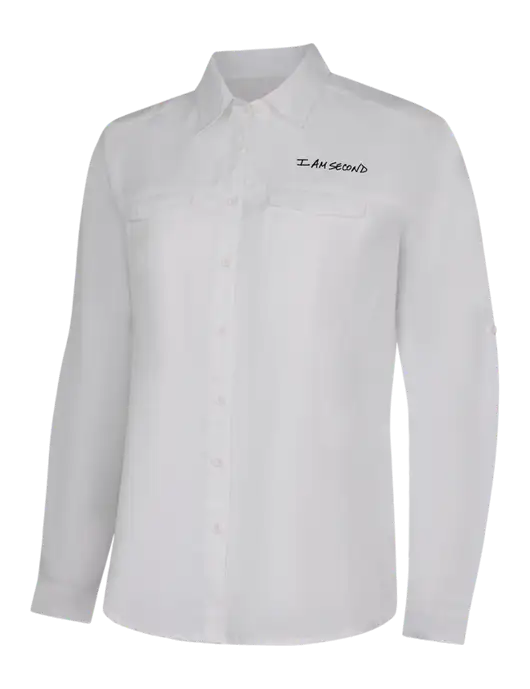 Womens White Long Sleeve UV Daybreak Shirt w/I Am Second Logo