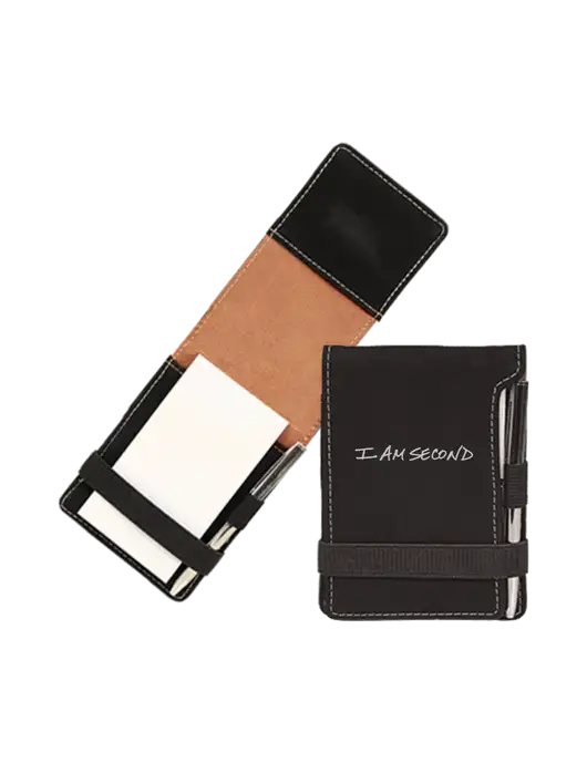 Black Leatherette Mini Notepad with Pen,  3.25 x 4.75 w/I Am Second Logo