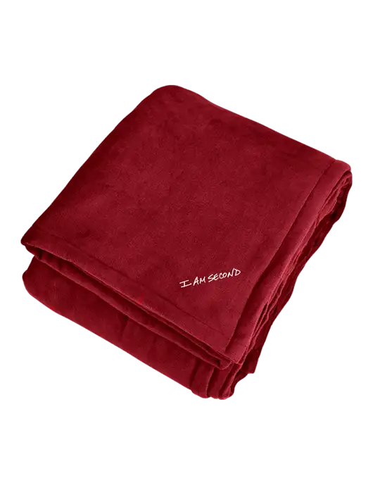 Mountain Lodge Red Rhubarb Blanket w/I Am Second Logo