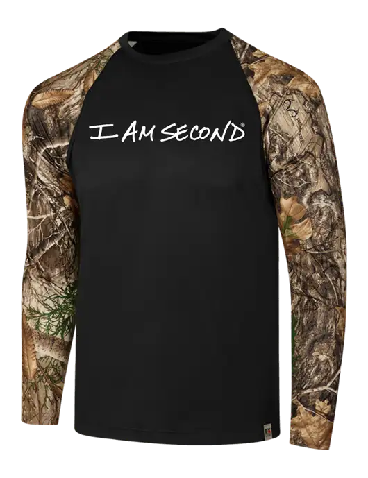 Russell Outdoors Black/Realtree Edge Camo Colorblock Performance Long Sleeve T-Shirt w/I Am Second Logo